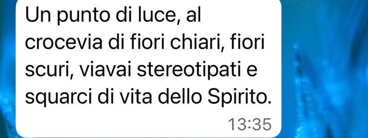 Screenshot di un messaggio: «Un punto di luce, al crocevia di fiori chiari, fiori scuri, viavai stereotipati e squarci di vita dello Spirito.»