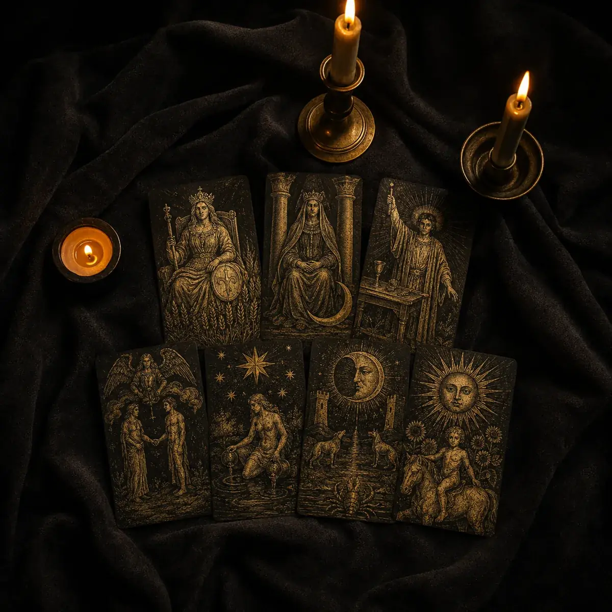 Carte dei tarocchi dorate disposte su velluto nero alla luce delle candele
