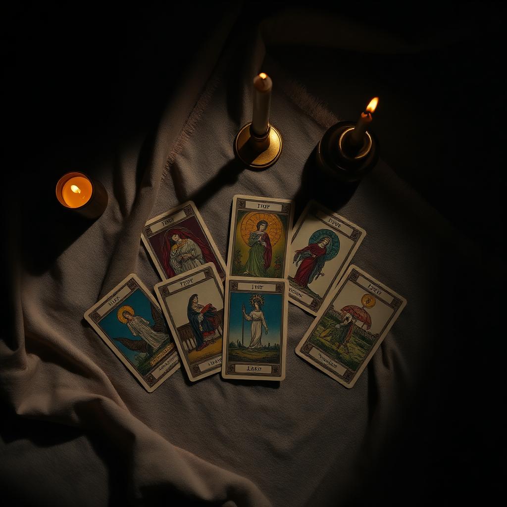 Carte dei tarocchi disposte su tela di lino alla luce di candela
